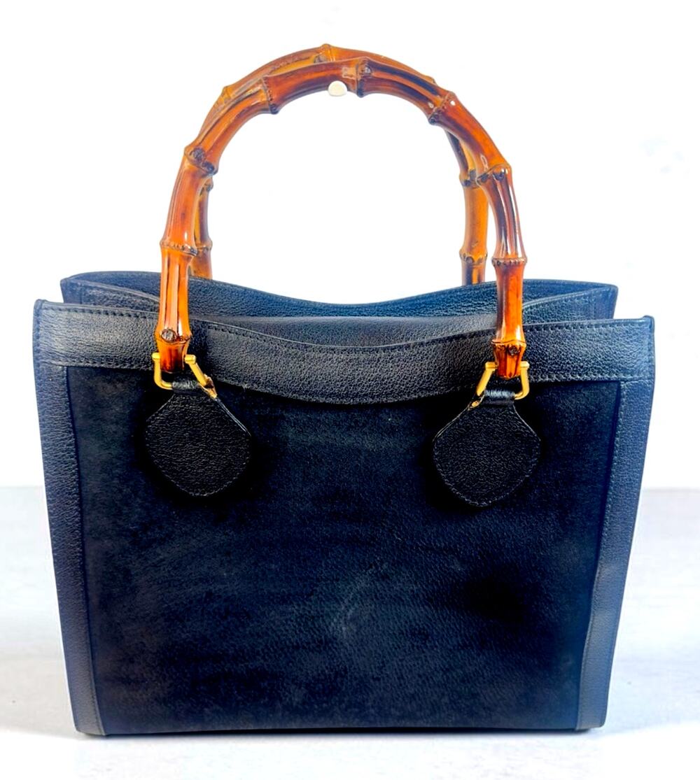 Vintage Gucci Black Suede & Leather Bamboo Handle Tote Bag Italy